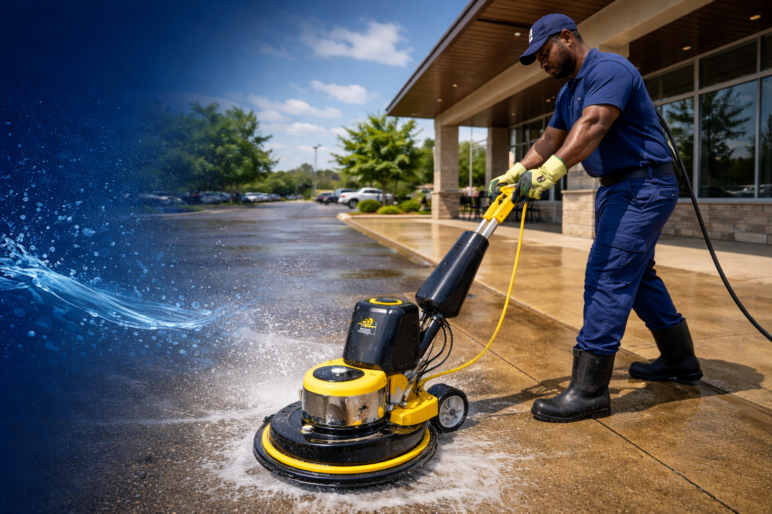Commercial cleaning floor machine at work
